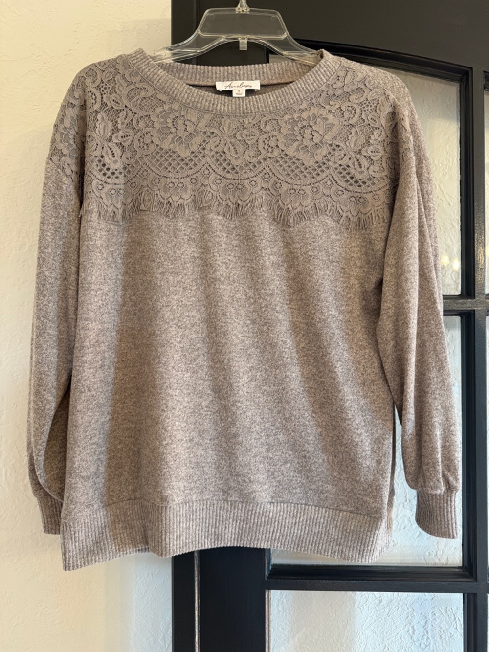Thread & Supply Lace Yoke Taupe Crewneck Sweater